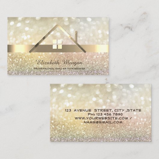 《写真》ぼけ味エレガント金ゴールドエステートブローカーハウスルーフ 名刺 (正面/裏面)