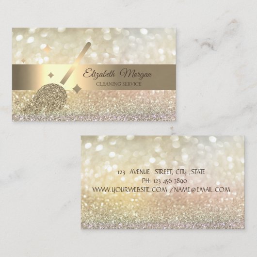 《写真》ぼけ味エレガント金ゴールドグリッター箒 名刺 (正面/裏面)