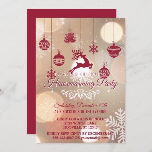 《写真》ぼけ味スノーフレークスウィンターホリデー引っ越し祝いパーティーパーティー 招待状 (正面/裏面)