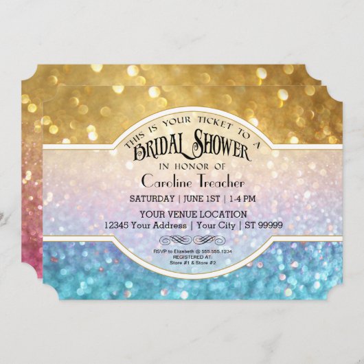 《写真》ぼけ味ムービープレミアチケットスタイル金ゴールドブルースパークル 招待状 (正面/裏面)