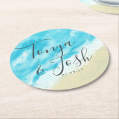 《写真》ぼけ味ライトモダン水彩ビーチ結婚式 ラウンドペーパーコースター (アングル)