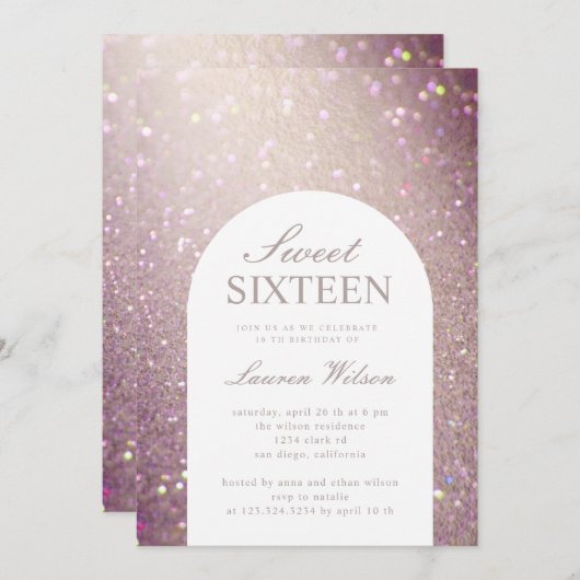 《写真》ぼけ味虹色の銅グリッターsweet sixteen 招待状 (正面/裏面)