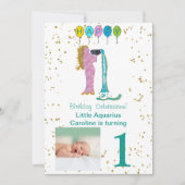 写真&アクエリアス誕生日と金ゴールド&バルーン 招待状 (正面)