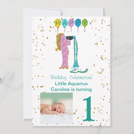 写真&アクエリアス誕生日と金ゴールド&バルーン 招待状 (正面)