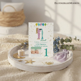 写真&アクエリアス誕生日と金ゴールド&バルーン 招待状