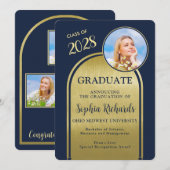写真 アーチ ネイビー ゴールド 卒業発表 招待状 (正面/裏面)