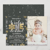 写真 ウィンター オンデーランド 誕生日 招待状 ゴールド (正面/裏面)