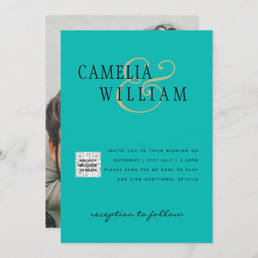 写真 ウェディング 招待状 QRコード 出席 海ガラス ティール (正面/裏面)