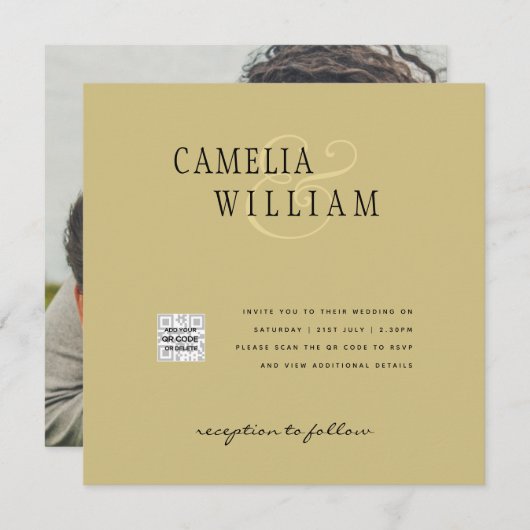 写真 ウェディング 招待状 QRコード 返信 ゴールド イエロー (正面/裏面)