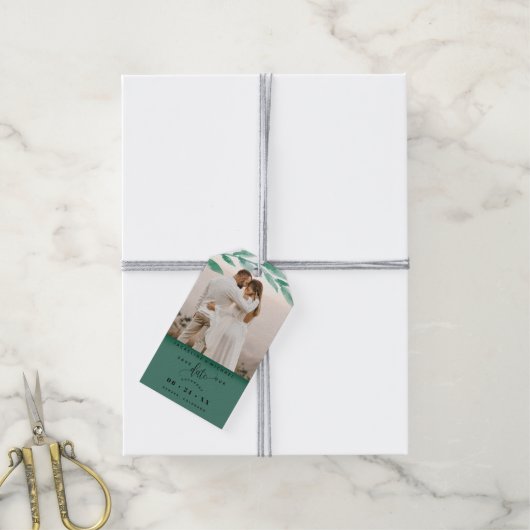 写真、エメラルドグリーン離れの結婚式日付を保存 ギフトタグ (より糸付き)