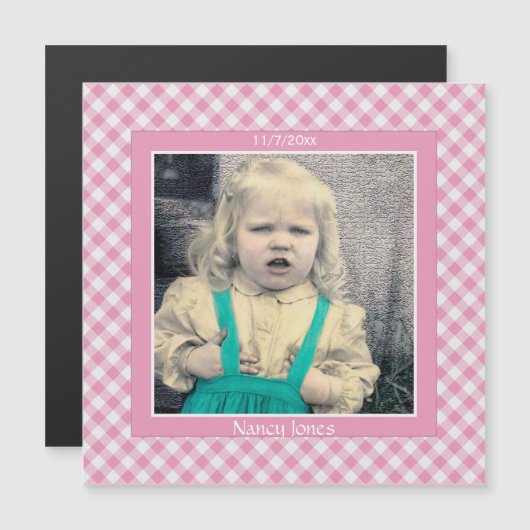 写真: ギンガムチェックパターンピンク/白 マグネット招待状 (正面/裏面)