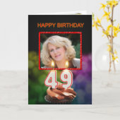 写真、ケーキとキャンドルと49誕生日を追加 カード (黄色い花)