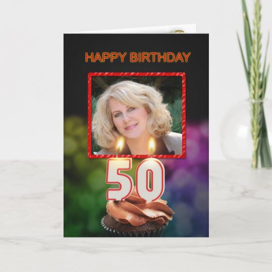 写真、ケーキとキャンドルと50誕生日を追加 カード (正面)