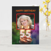 写真、ケーキとキャンドルと55誕生日を追加 カード (黄色い花)