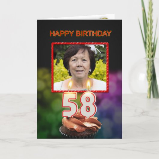 写真、ケーキとキャンドルと58誕生日を追加 カード (正面)