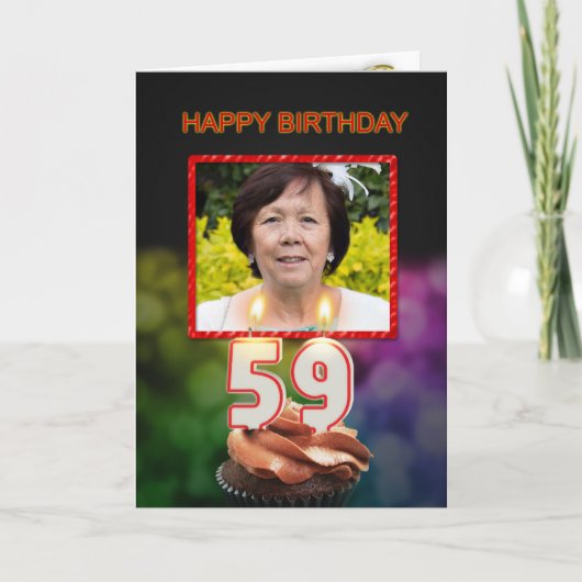 写真、ケーキとキャンドルと59誕生日を追加 カード (正面)