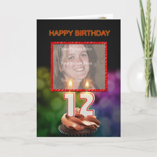 写真、ケーキとキャンドル付き12誕生日を追加 カード (正面)