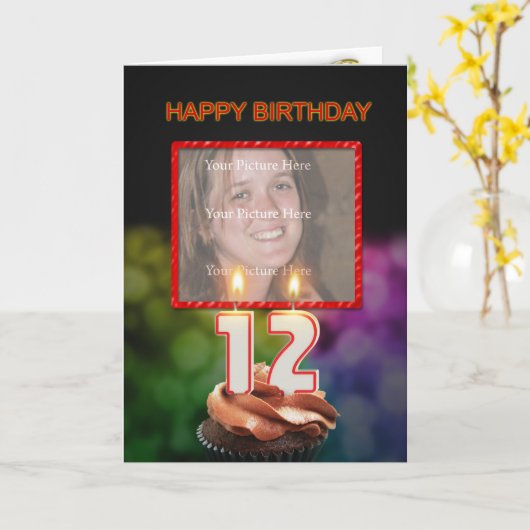 写真、ケーキとキャンドル付き12誕生日を追加 カード (黄色い花)