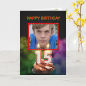 写真、ケーキとキャンドル付き15誕生日を追加 カード (黄色い花)