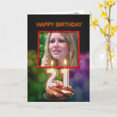 写真、ケーキとキャンドル付き21歳の誕生日を追加 カード (黄色い花)