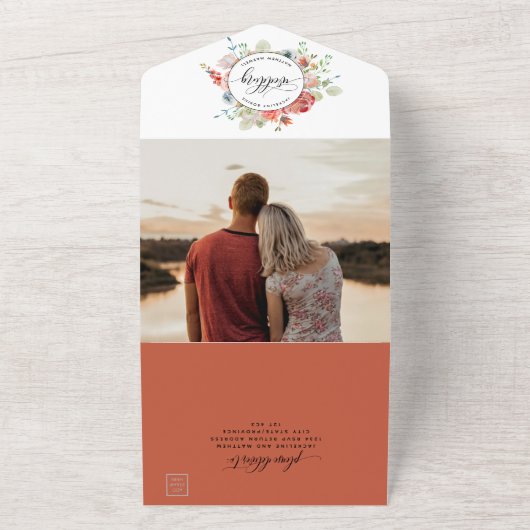 写真、サンゴ桃、クリームフローラ結婚ズ、出欠確認 オールインワン招待状 (外側)