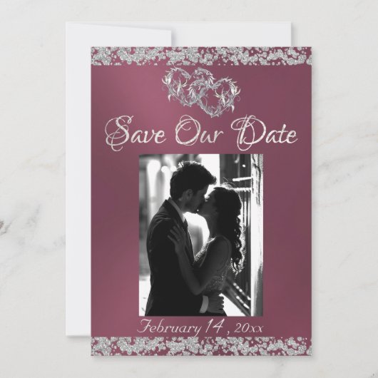 写真、シルバーハートとグリッター – ラベンダー セーブザデート (正面)