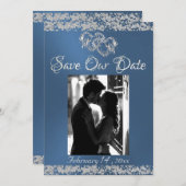 写真、シルバーハートとグリッター – 青 セーブザデート (正面/裏面)