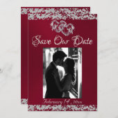 写真、シルバーハートとグリッター- Burgundy セーブザデート (正面/裏面)