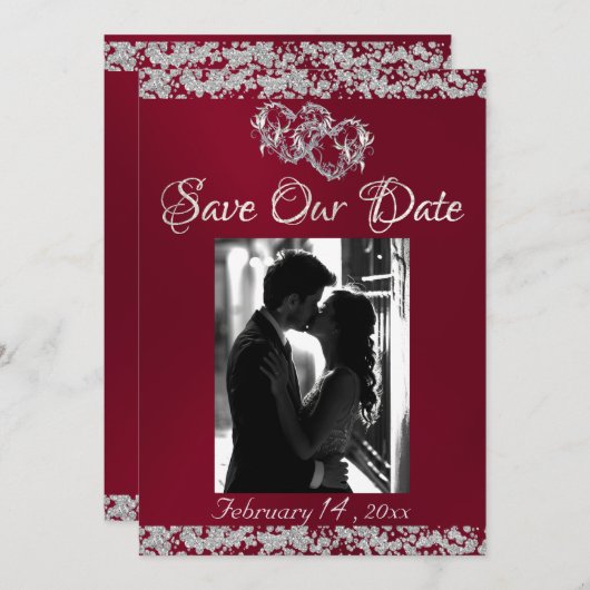 写真、シルバーハートとグリッター- Burgundy セーブザデート (正面/裏面)