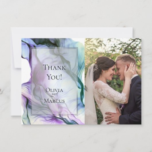 写真 シルバー フレーム 抽象的な梅 ターコイズ 流れるインク サンキューカード (正面)