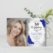 写真 シルバー ホワイト ロイヤルブルー 50歳の誕生日 招待状 (スタンド正面)