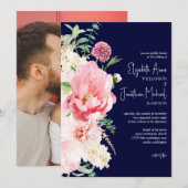 写真 ダークネイビー ブラッシュピンク フローラル おしゃれ スクリプト 招待状 (正面/裏面)