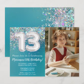 写真 ティールシルバーグリッター 13歳の誕生日 招待状 (正面/裏面)