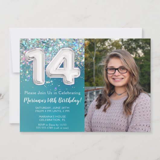 写真 ティールシルバーグリッター 14歳の誕生日 招待状 (正面)