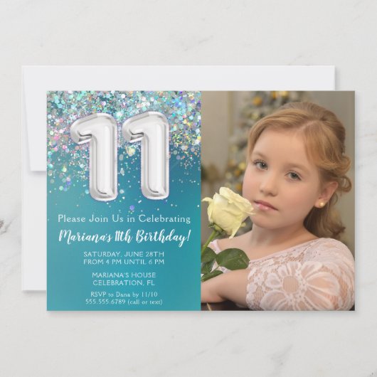 写真 ティールシルバー グリッター 11歳の誕生日 招待状 (正面)