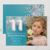 写真 ティールシルバー グリッター 11歳の誕生日 招待状 (正面/裏面)