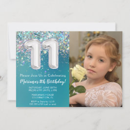 写真 ティールシルバー グリッター 11歳の誕生日 招待状
