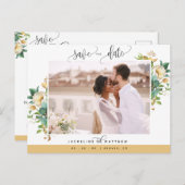 写真、ハニーホワイトフローラ結婚式の日付を保存 ポストカード (正面/裏面)