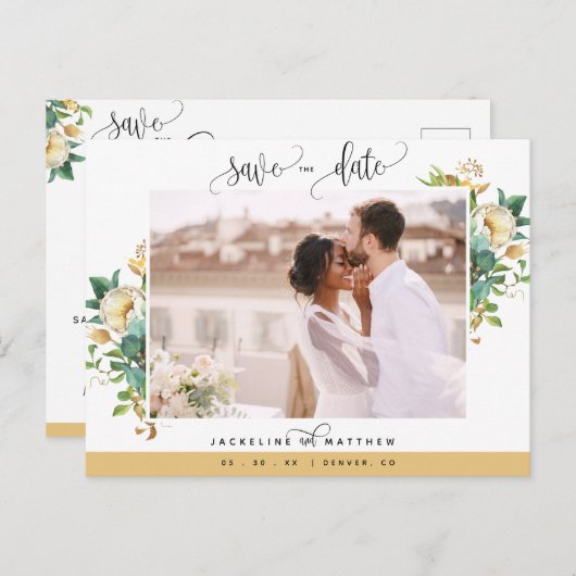 写真、ハニーホワイトフローラ結婚式の日付を保存 ポストカード (正面/裏面)