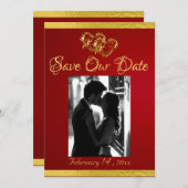 写真、ハート、リボン – クリムゾン/金ゴールド セーブザデート (正面/裏面)