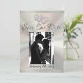 写真、ハート、リボン – 白/銀 セーブザデート (スタンド正面)