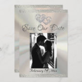 写真、ハート、リボン – 白/銀 セーブザデート (正面/裏面)