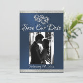 写真、ハート、リボン – 青/銀 セーブザデート (スタンド正面)