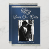 写真、ハート、リボン – 青/銀 セーブザデート (正面/裏面)