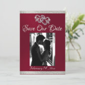 写真、ハート、リボン – Burgundy/Silver セーブザデート (スタンド正面)