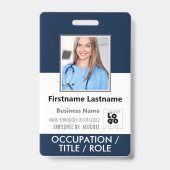 写真、バーコード、名前とロゴ ネイビーブルー ID バッジ (正面)