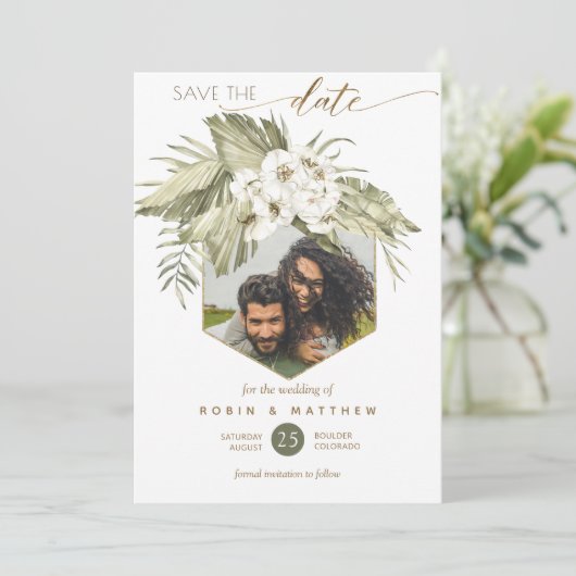 写真、パーム葉フローラグリーンウォーター色 セーブザデート (スタンド正面)