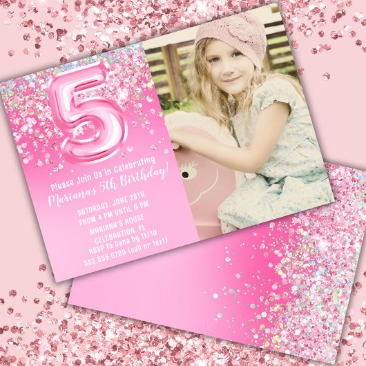 写真 ピンクのきらめき 5歳の誕生日 招待状