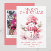 写真 ピンクのクリスマス スノーマン ホリデー カード (正面/裏面)