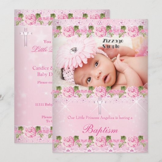 写真 ピンクのバラの花の洗礼 赤ちゃんの女の子 招待状 (正面/裏面)